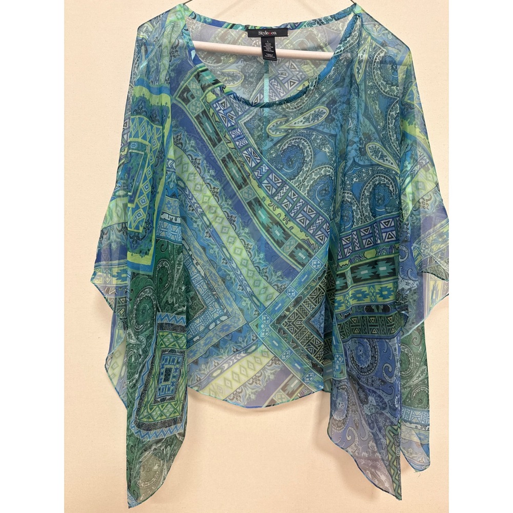 Style & Co Blue Green Paisley Geometric Sheer Poncho Top Large Layering Blouse